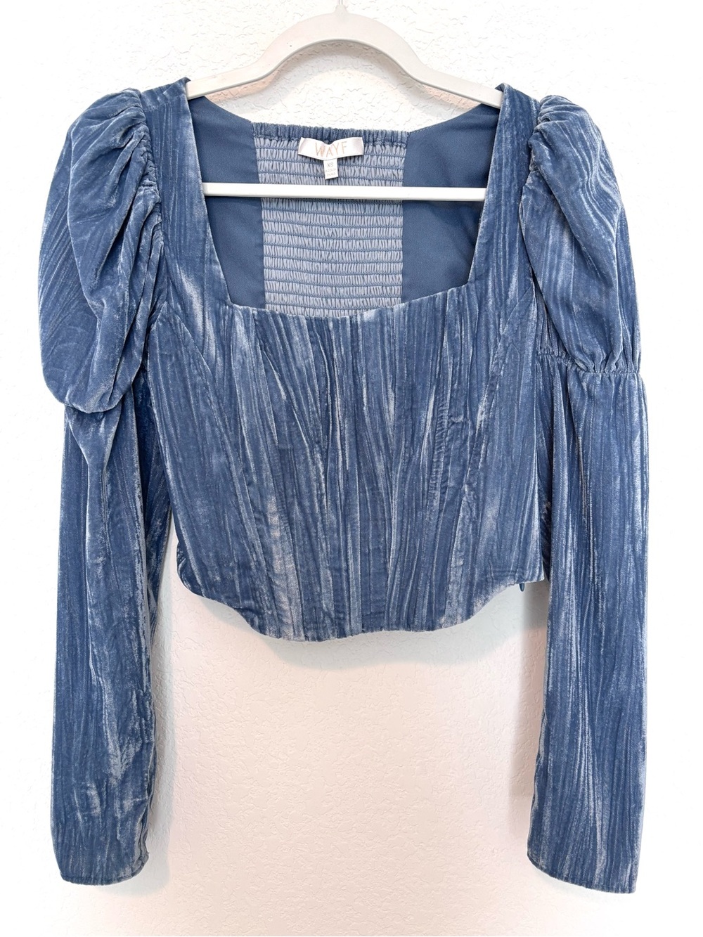 WAYF Slate Blue Crushed Velvet Bustier Cropped Top Women’s XS Bridgerton Girly